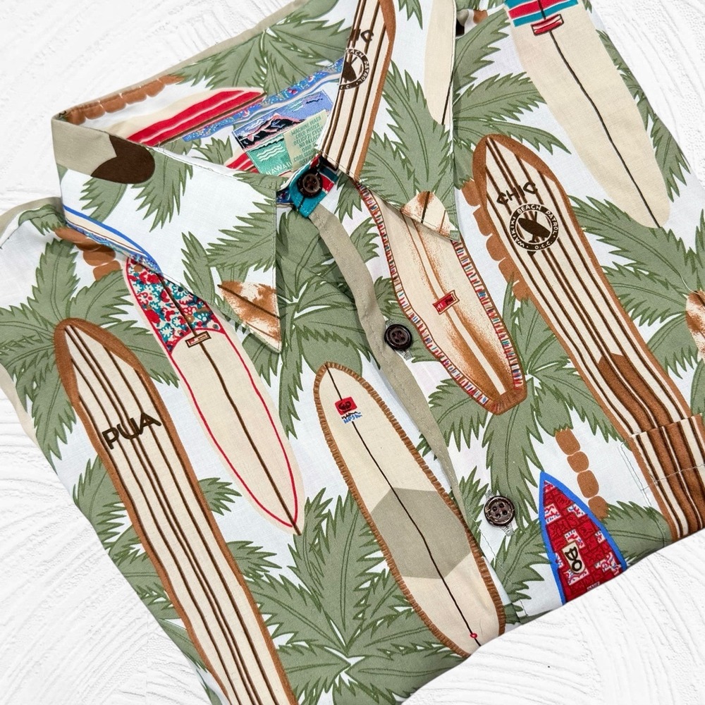 Reyn Spooner Shirt Mens Large Surf Board‎ Coconut Tree Hawaiian 100% Rayon Beach